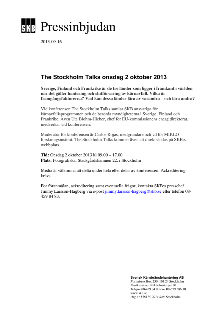 Pressinbjudan: The Stockholm Talks onsdag 2 oktober 2013