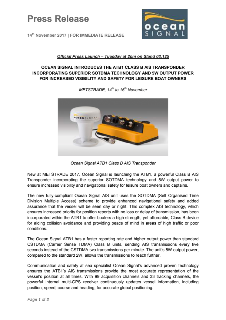 Ocean Signal Introduces the ATB1 Class B AIS Transponder Incorporating Superior SOTDMA Technology and 5W Output Power  for Increased Visibility and Safety for Leisure Boat Owners