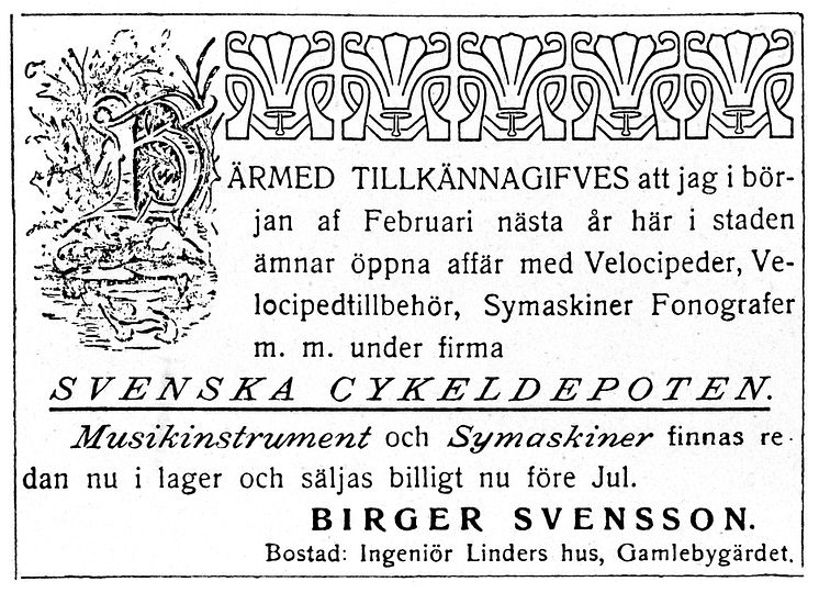 1908 Birger Svenssons första annons