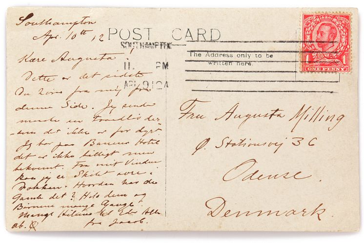 Handwritten and signed postcard from Jacob Christian Milling, passenger on the Titanic. Estimate:  DKK 30,000-50,000 (€ 4,000-6,700). 