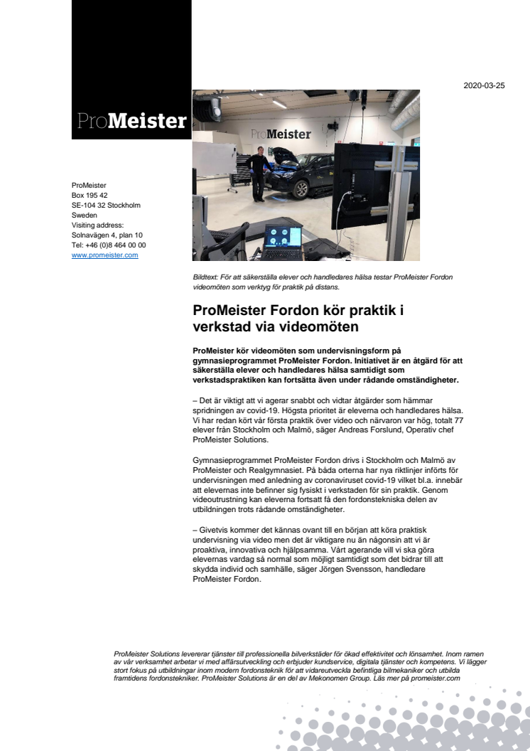 ProMeister Fordon kör praktik i verkstad via videomöten