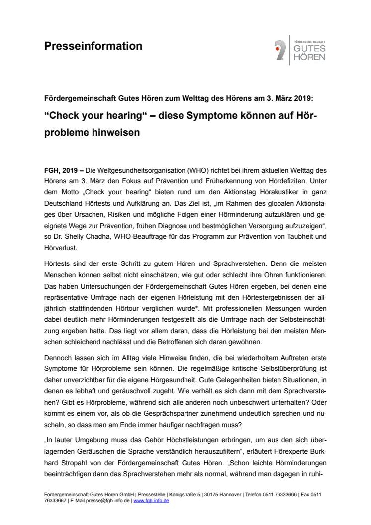 “Check your hearing“ – diese Symptome können auf Hörprobleme hinweisen – Fördergemeinschaft Gutes Hören zum Welttag des Hörens am 3. März 2019