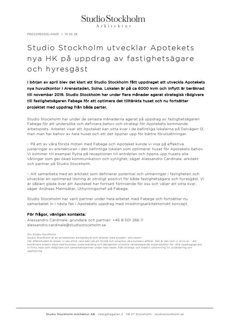 Studio Stockholm utvecklar Apotekets nya HK på uppdrag av fastighetsägare och hyresgäst
