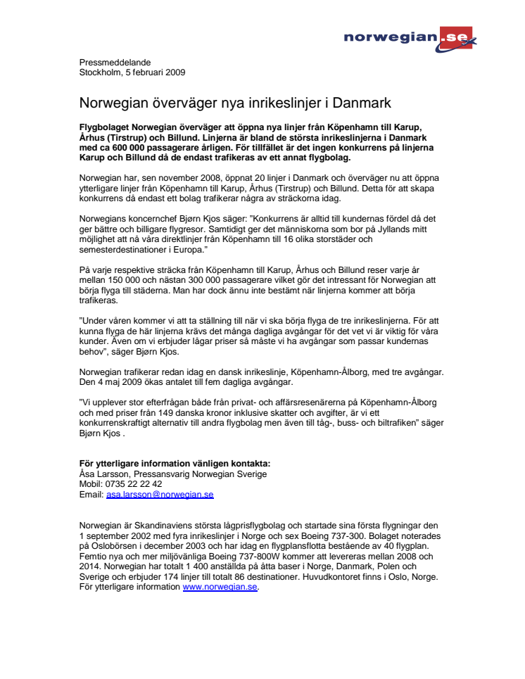 Norwegian överväger nya inrikeslinjer i Danmark