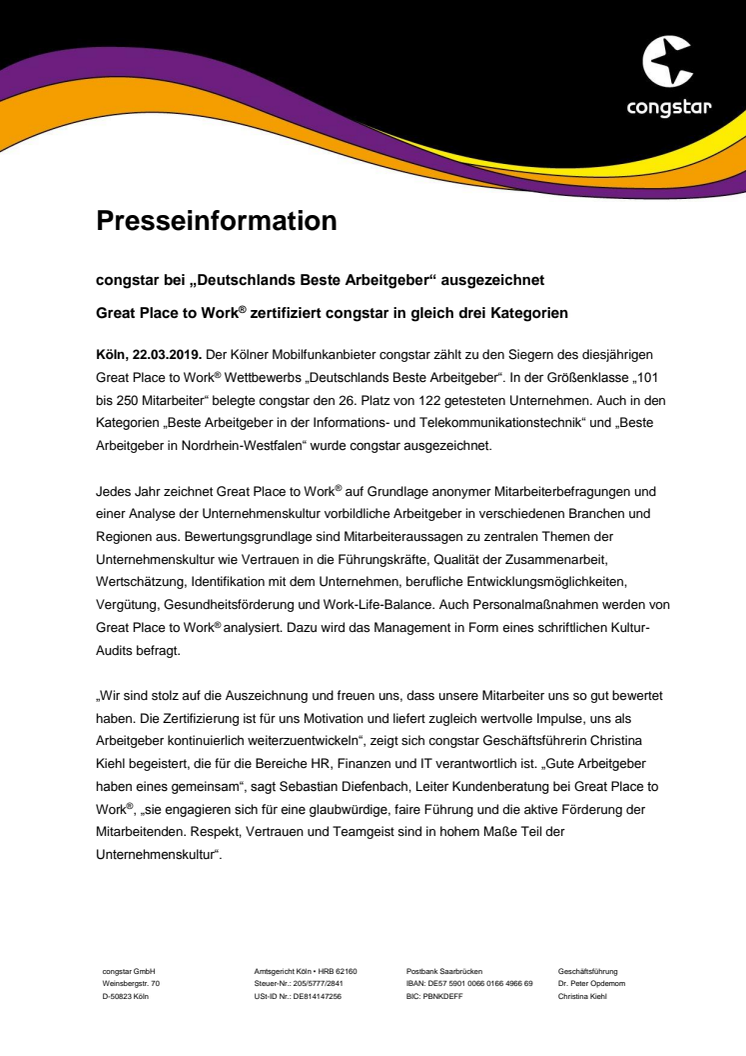 congstar bei „Deutschlands Beste Arbeitgeber“ ausgezeichnet