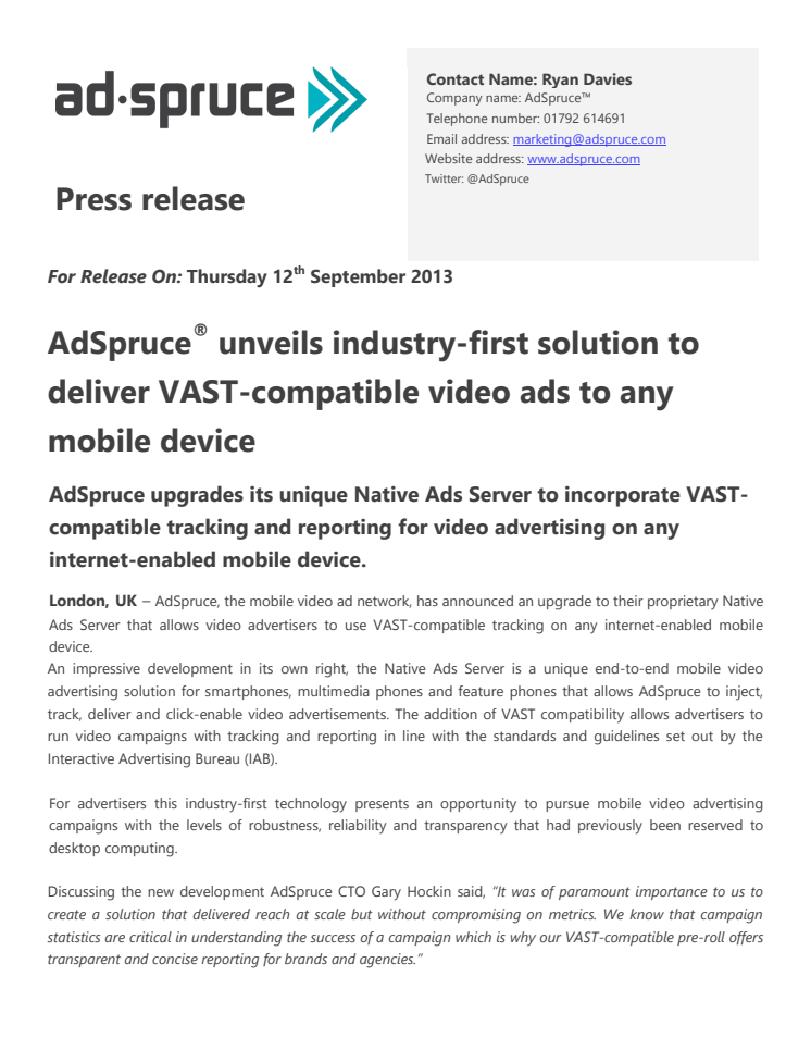 AdSpruce® unveils industry-first solution to deliver VAST-compatible video ads to any mobile device