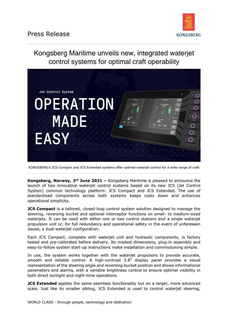 Kongsberg Maritime unveils new, integrated waterjet control systems for optimal craft operability