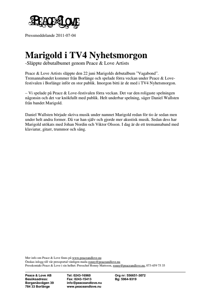 Marigold i TV4 Nyhetsmorgon - släppte debutalbumet genom Peace & Love Artists