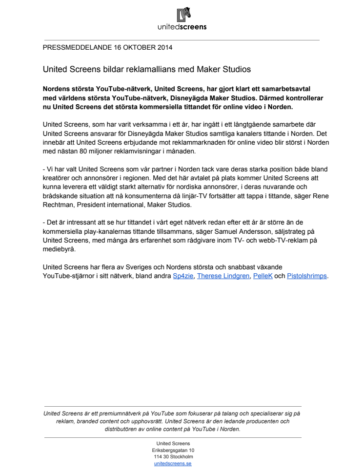United Screens bildar reklamallians med Maker Studios