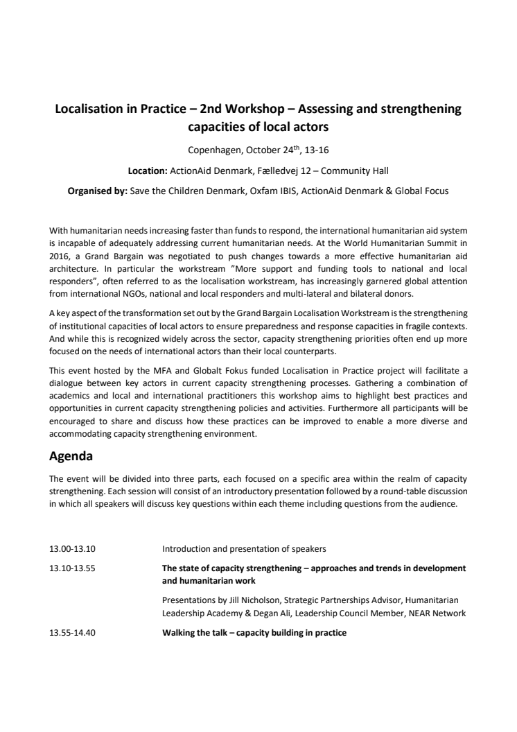 Registration today: Localisation in Practice – 2nd Workshop – Assessing and strengthening capacities of local actors 