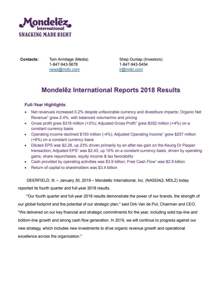 Mondelez International stellt seine jüngste Quartalsbilanz und die globalen Endjahresergebnisse vor