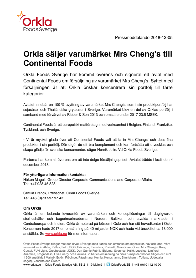 Orkla säljer varumärket Mrs Cheng’s till Continental Foods