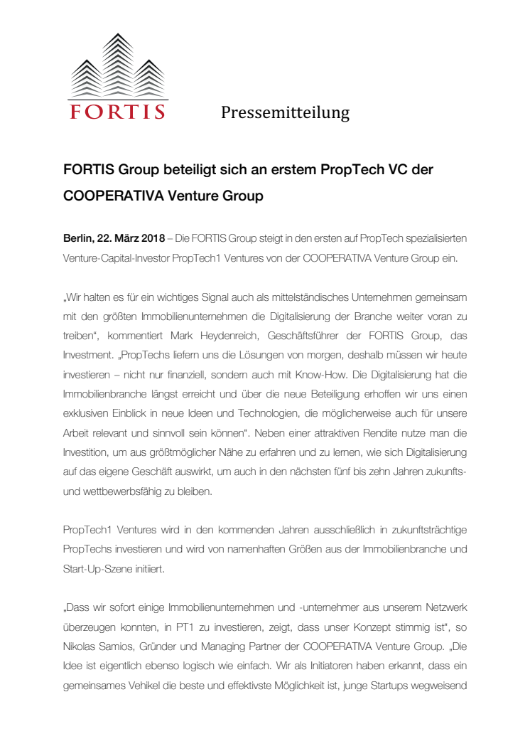 FORTIS Group beteiligt sich an erstem PropTech VC der COOPERATIVA Venture Group