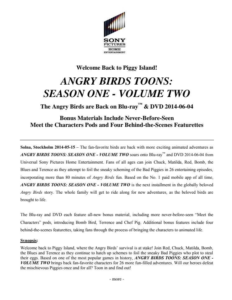 The Angry Birds are Back on Blu-ray™ & DVD 2014-06-04 