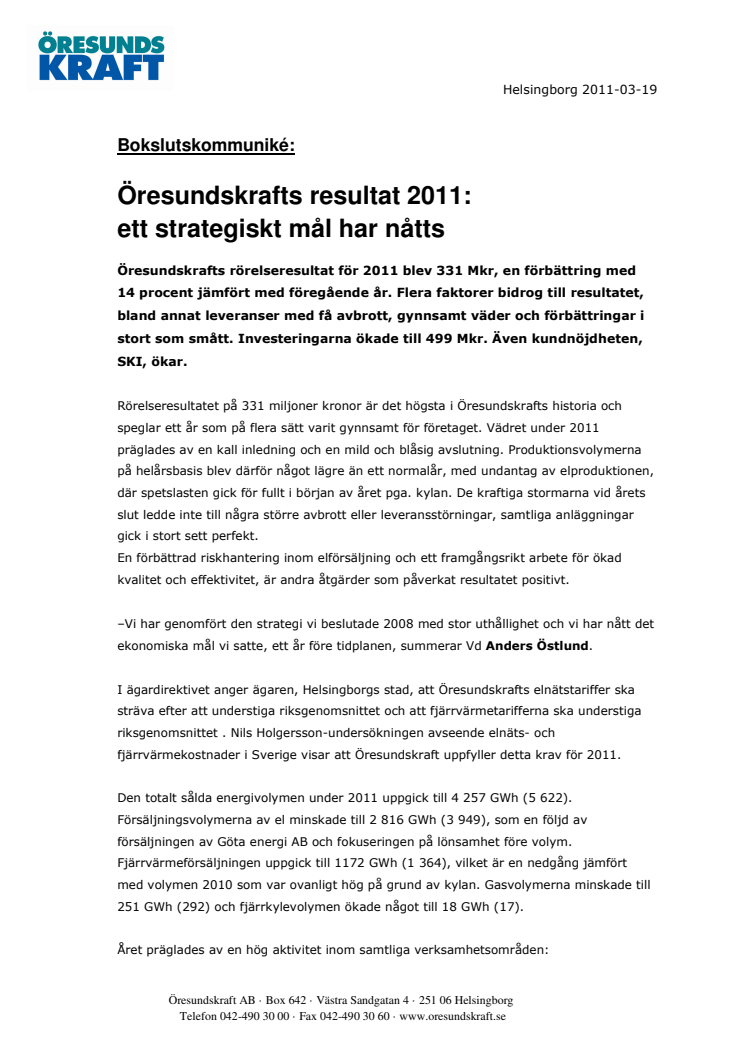 Öresundskrafts resultat 2011: ett strategiskt mål har nåtts