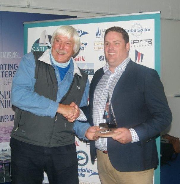 Hi-res image - Ocean Signal - Ocean Signal’s James Hewitt receives the Gear Innovation award for the rescueME MOB1 from celebrated navigator and Sailing Today contributor Tom Cunliffe at the Sailing Today Awards 2017 presentation