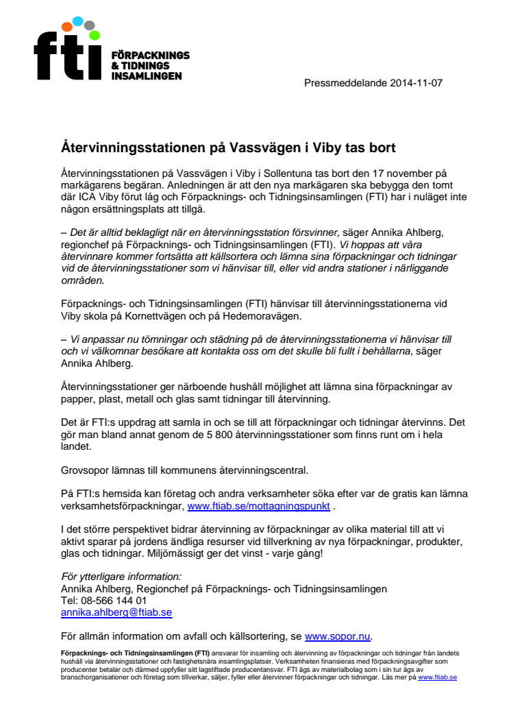 Återvinningsstationen på Vassvägen i Viby tas bort