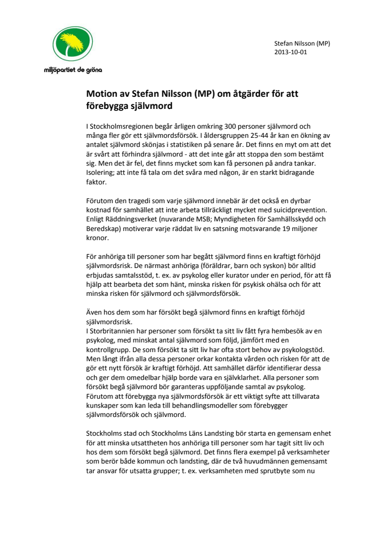 Motion om åtgärder för att förebygga självmord