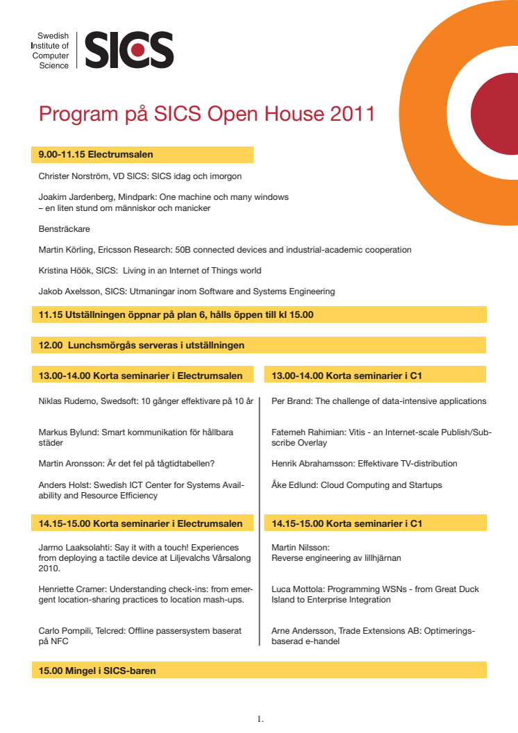 Program på SICS Open House 2011