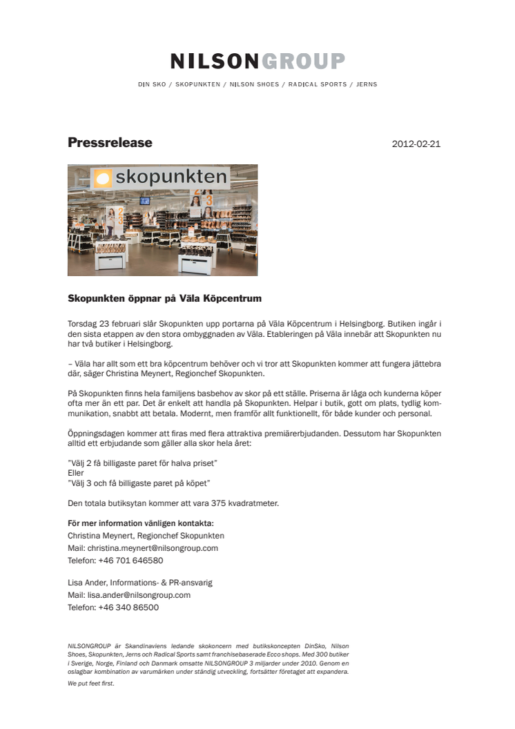 Skopunkten öppnar på Väla Köpcentrum