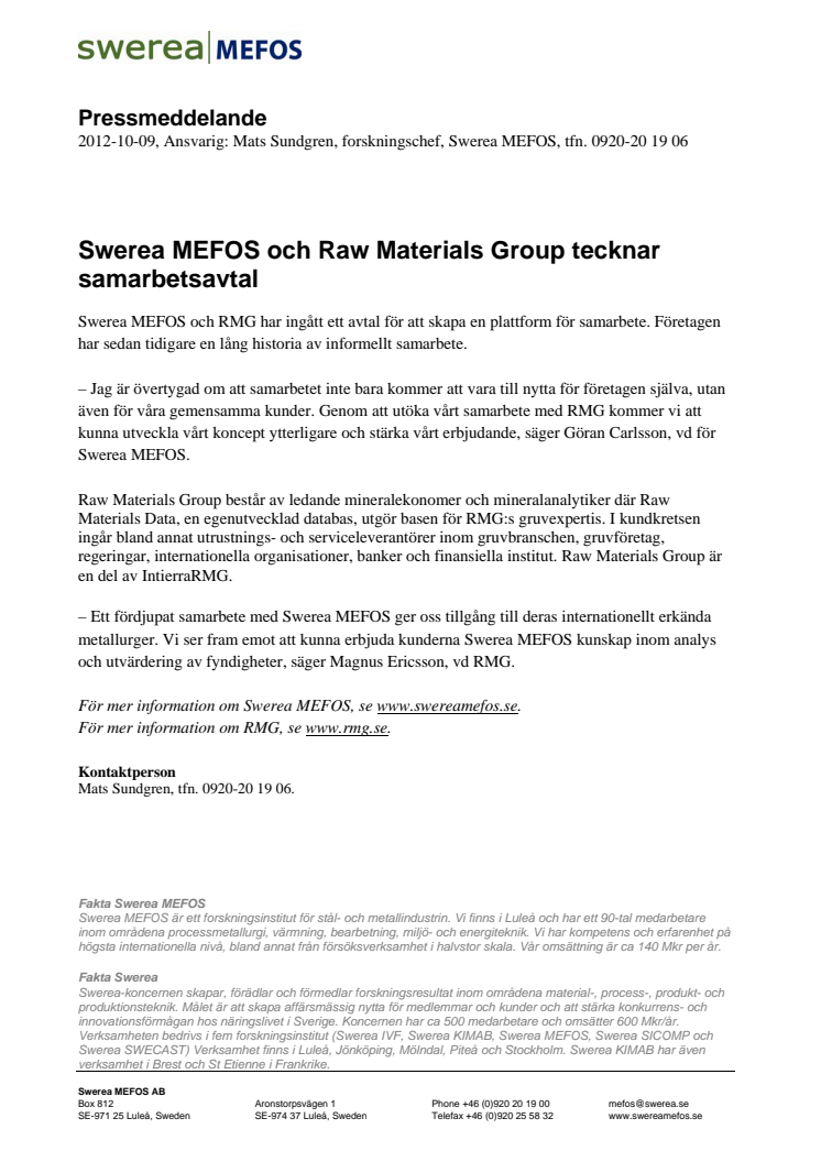 Swerea MEFOS och Raw Materials Group tecknar samarbetsavtal