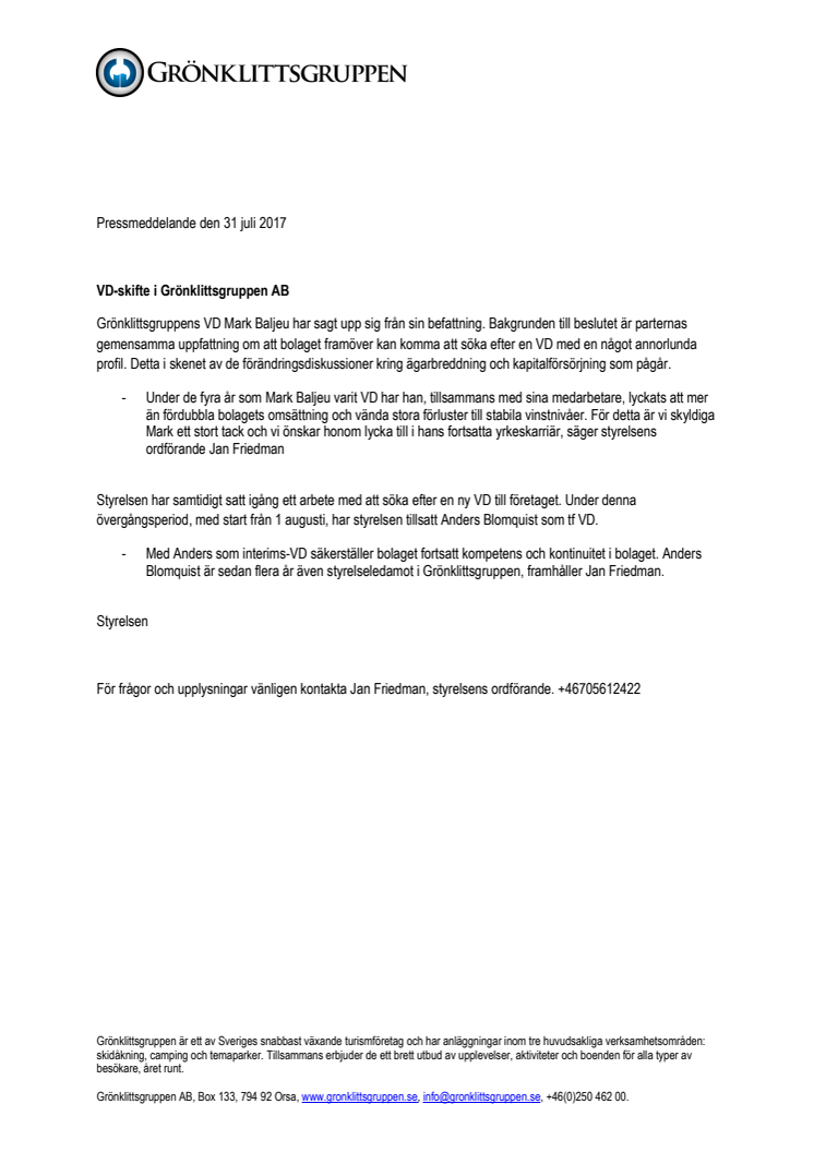 VD-skifte i Grönklittsgruppen AB
