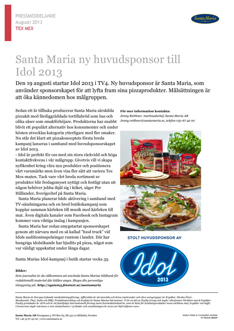 Santa Maria ny huvudsponsor till Idol 2013  