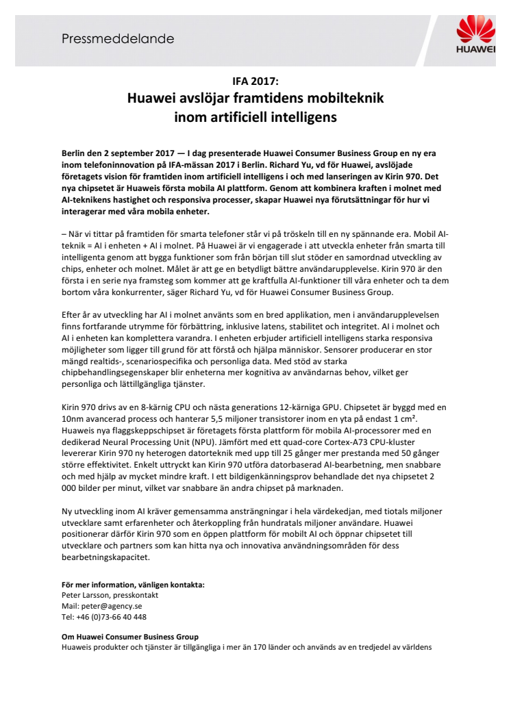 IFA 2017: Huawei avslöjar framtidens mobilteknik  inom artificiell intelligens