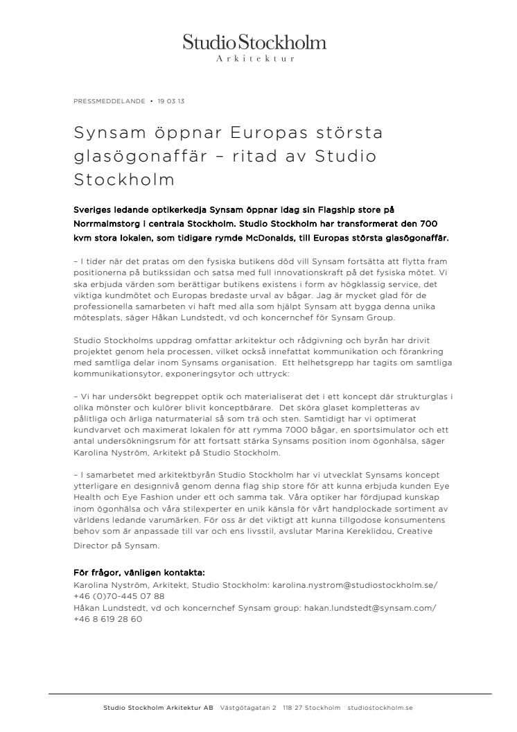 Synsam öppnar Europas största glasögonaffär – ritad av Studio Stockholm