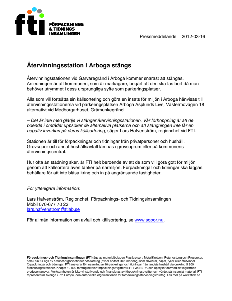 Återvinningsstation i Arboga stängs