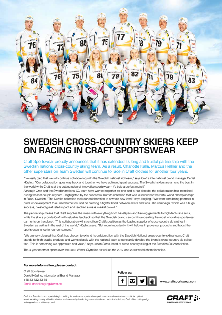 Swedish cross-country skiers keep on racing  in Craft sportswear