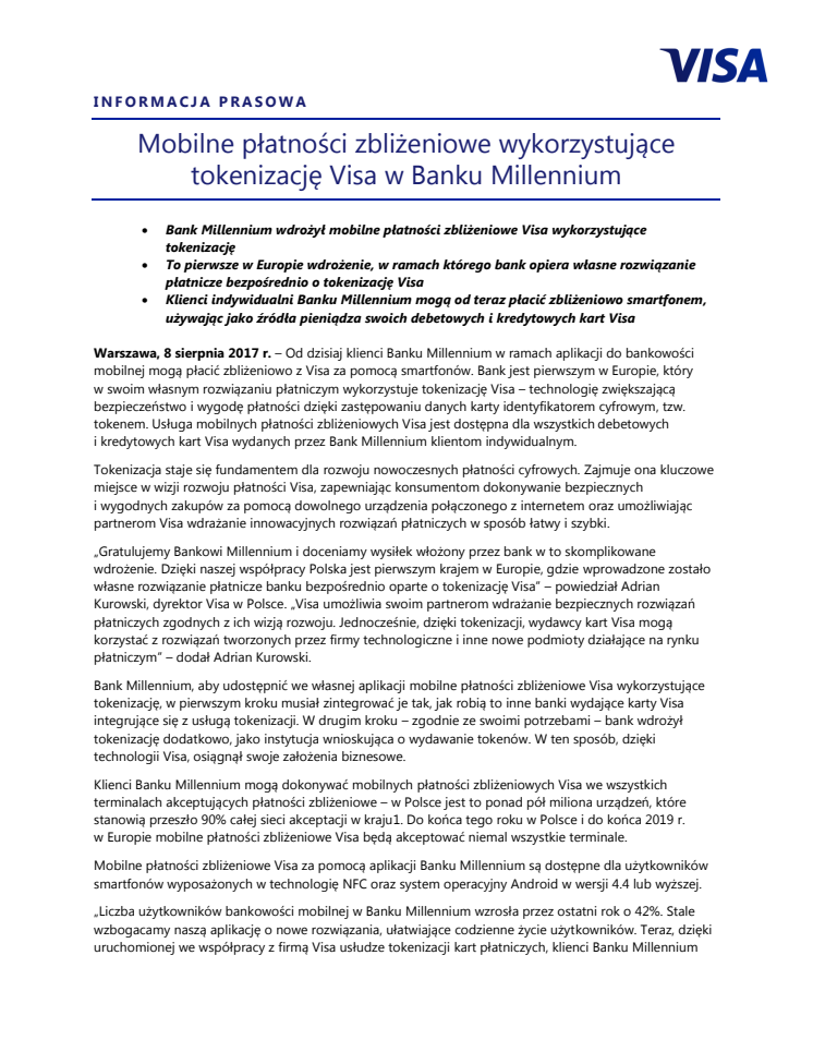 Mobilne płatności zbliżeniowe wykorzystujące tokenizację Visa w Banku Millennium
