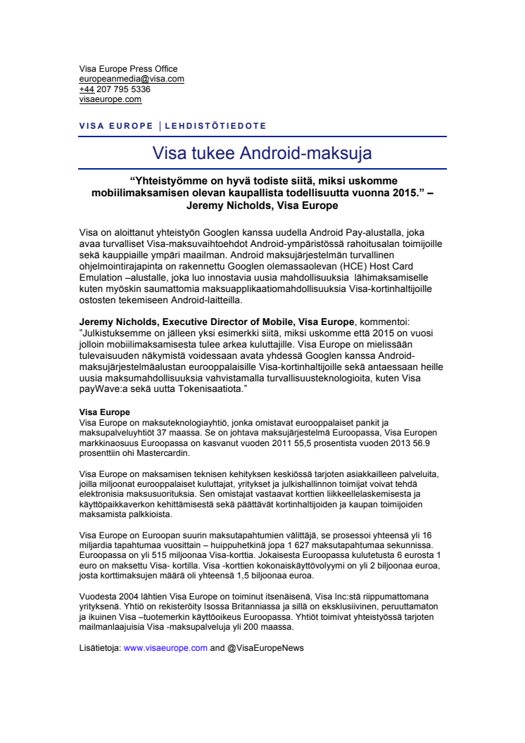 Visa tukee Android-maksuja