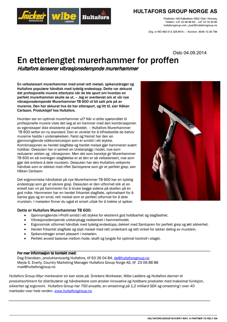 Vibrasjonsdempende murerhammer fra Hultafors