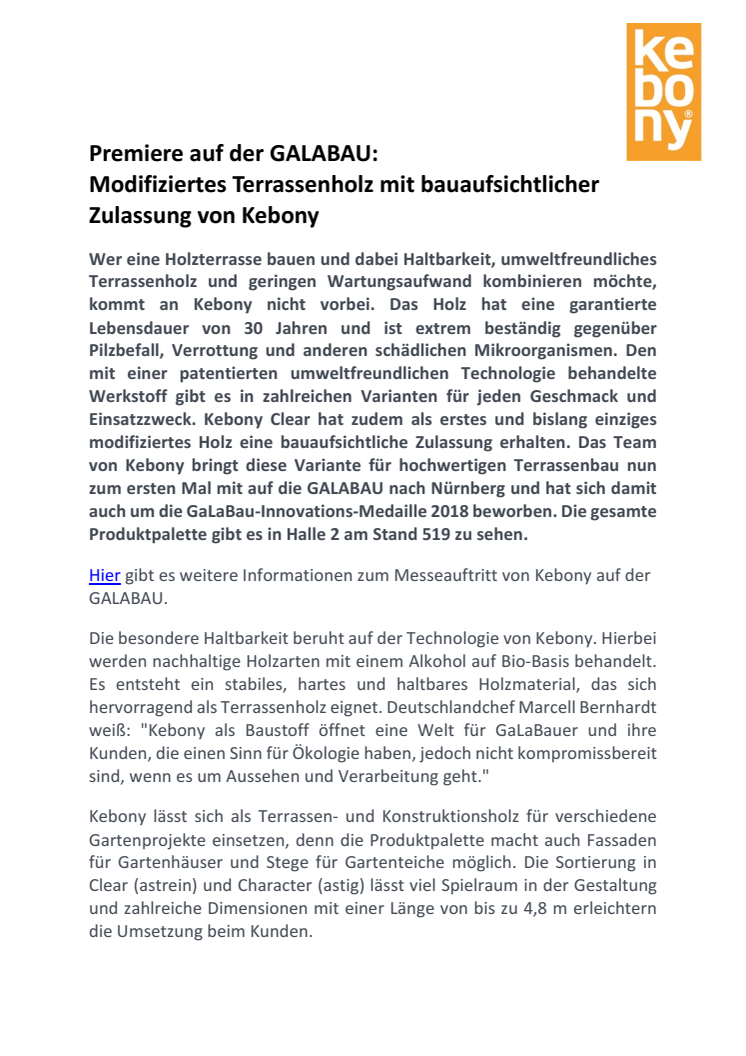 Premiere auf der GALABAU:  Modifiziertes Terrassenholz mit bauaufsichtlicher Zulassung von Kebony