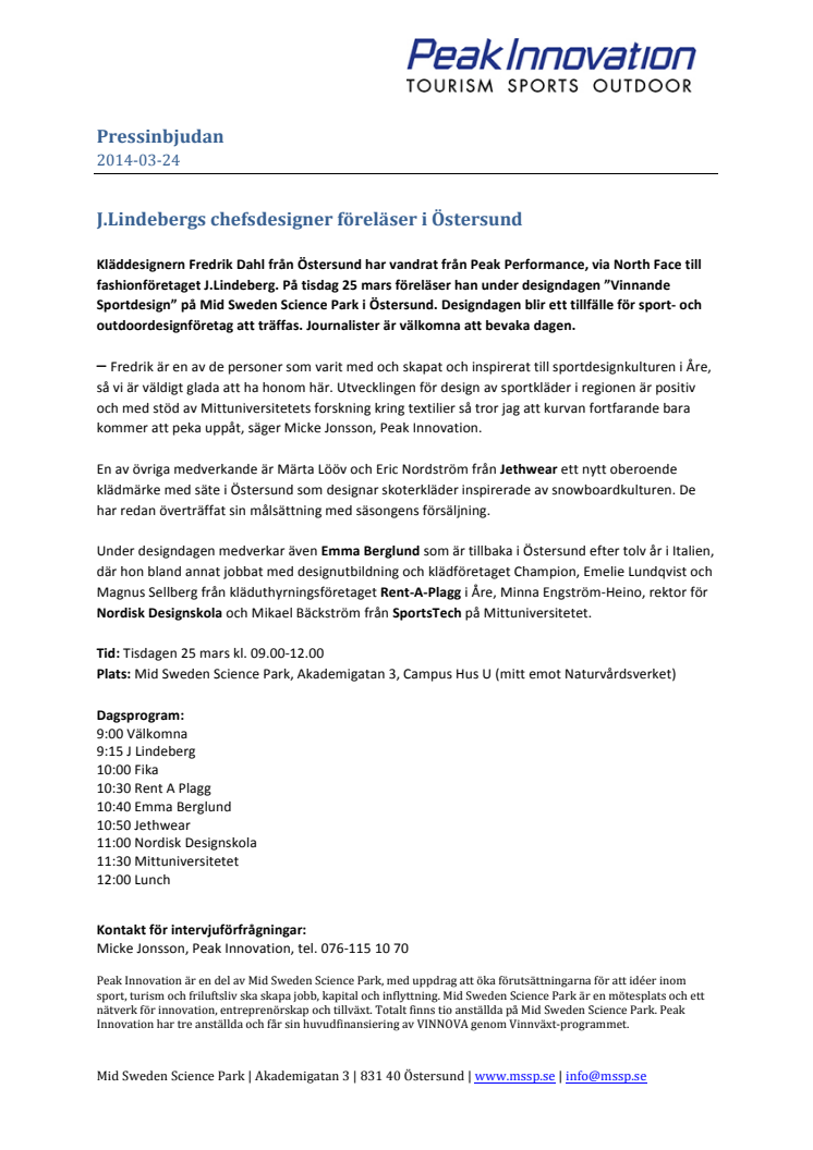 Pressinbjudan: J.Lindebergs chefsdesigner föreläser i Östersund