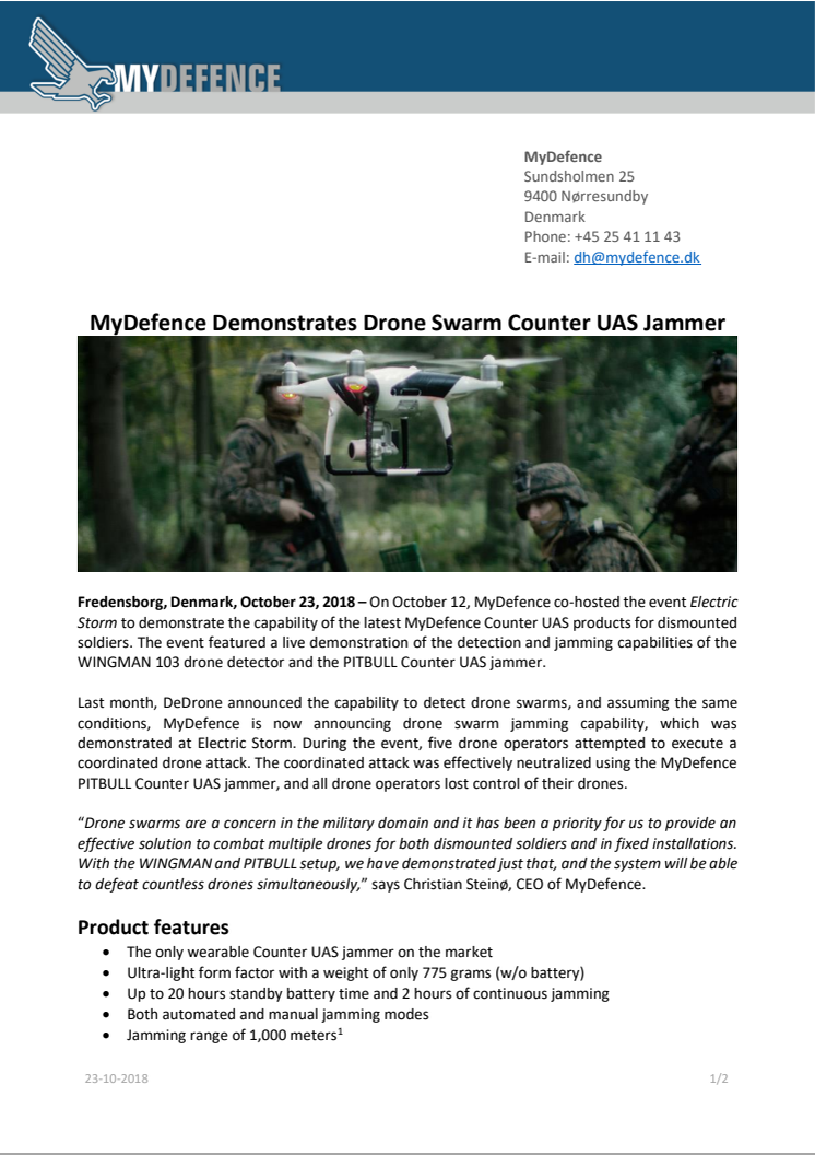 MyDefence Demonstrates Drone Swarm Counter UAS Jammer