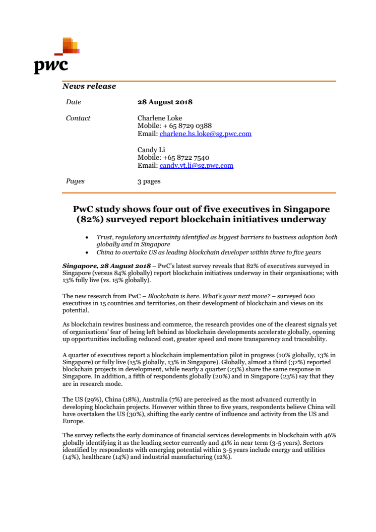 PwC study shows four out of five executives in Singapore (82%) surveyed report blockchain initiatives underway 