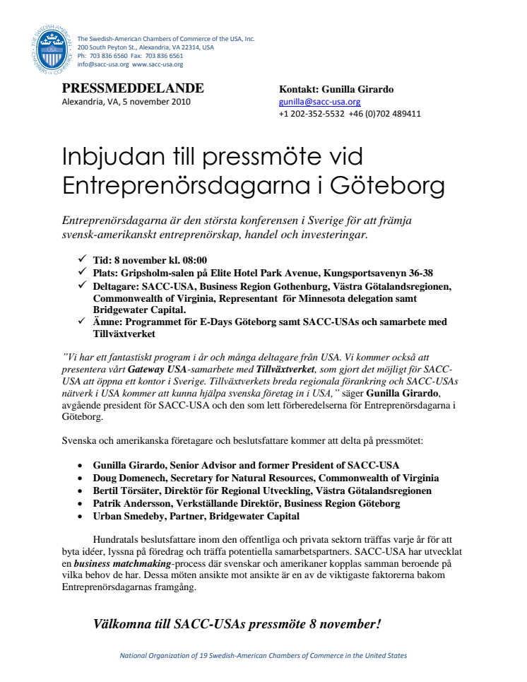 Inbjudan till pressmöte vid Entreprenörsdagarna i Göteborg