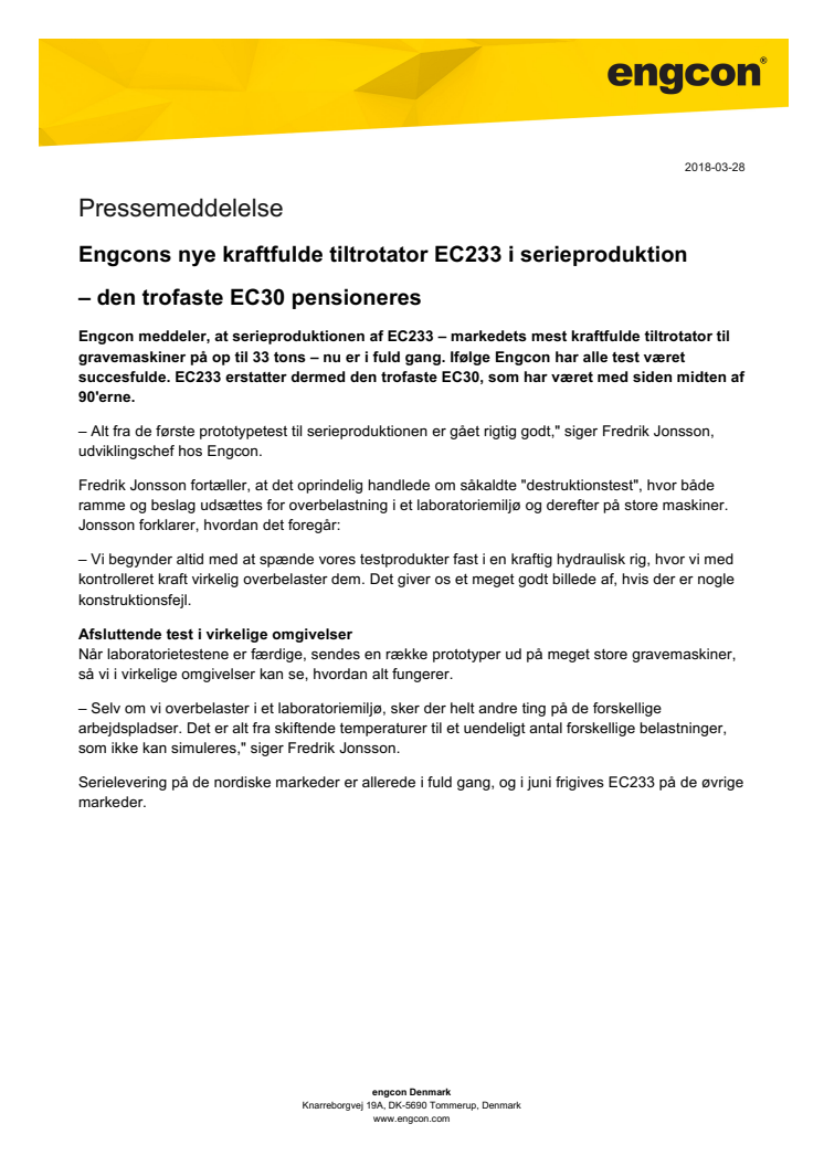 Engcons nye kraftfulde tiltrotator EC233 i serieproduktion  – den trofaste EC30 pensioneres