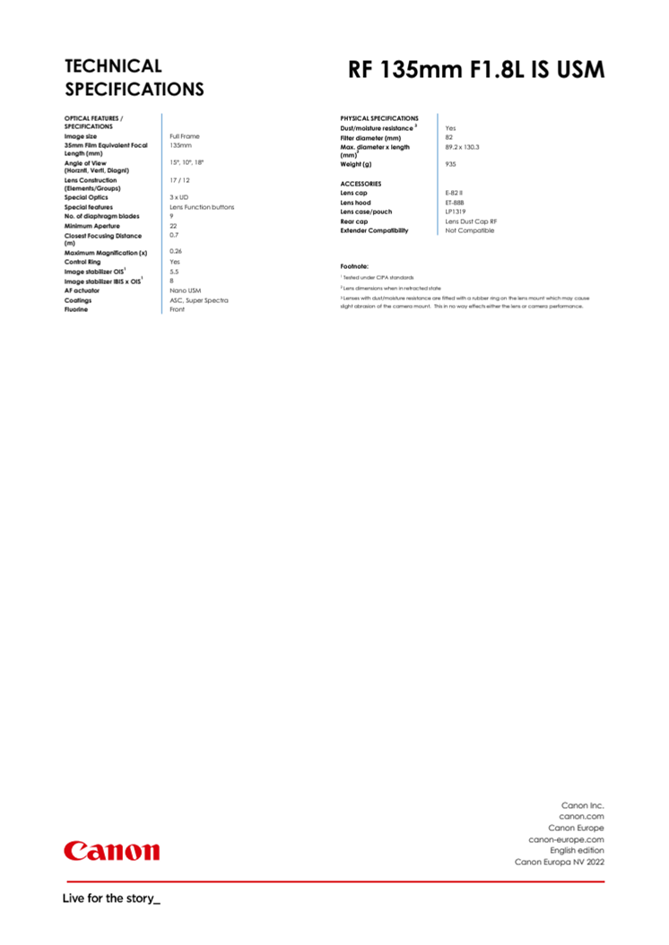 RF 135mm F1.8L IS USM TECHNICAL  SPECIFICATIONS