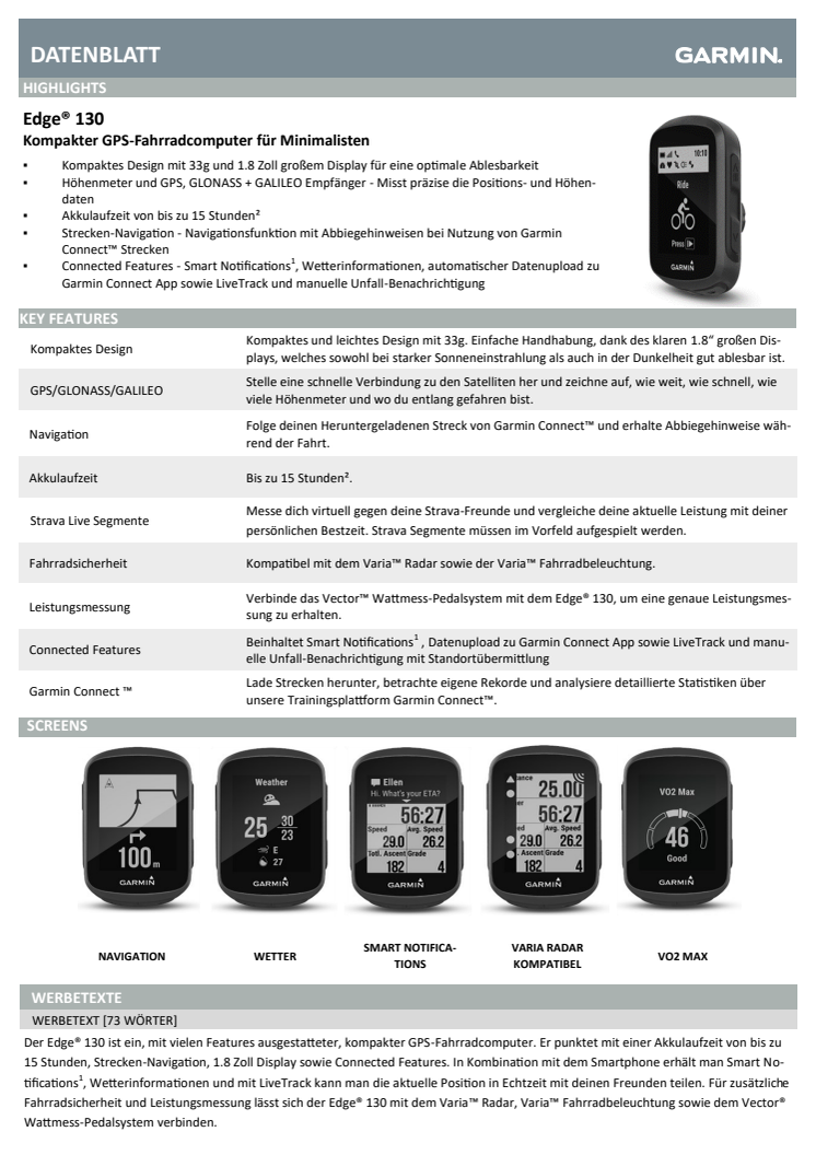 Datenblatt Garmin Edge 130