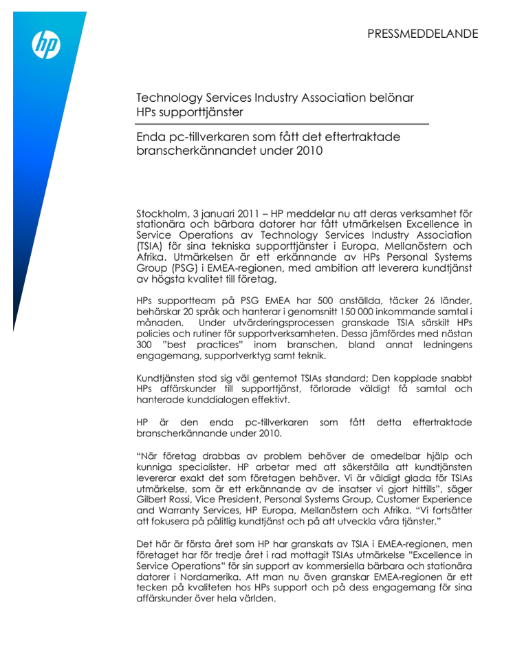 Technology Services Industry Association belönar HPs supporttjänster