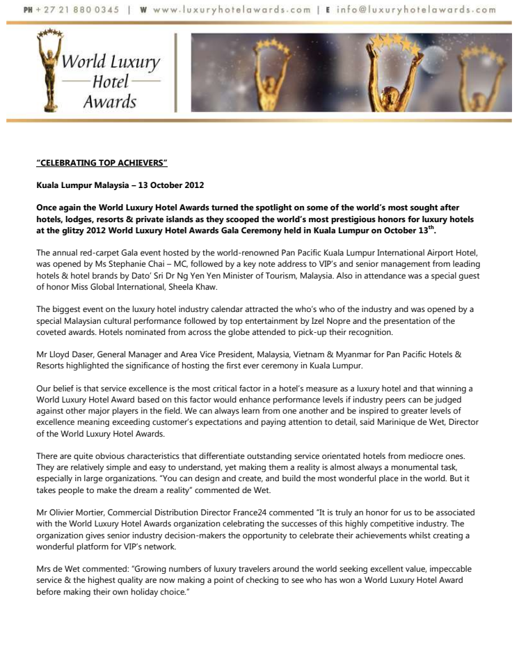 HOTEL STUREPLAN TILLDELAS 2012 WORLD LUXURY HOTEL AWARD 