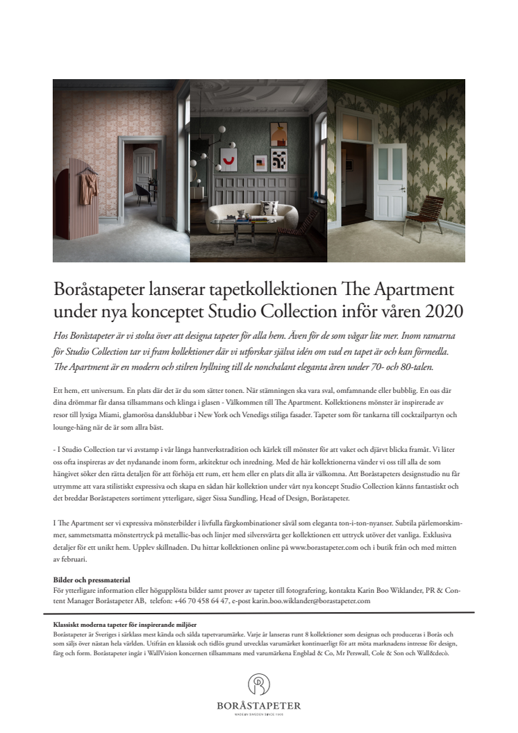 Boråstapeter lanserar tapetkollektionen The Apartment under nya konceptet Studio Collection inför våren 2020