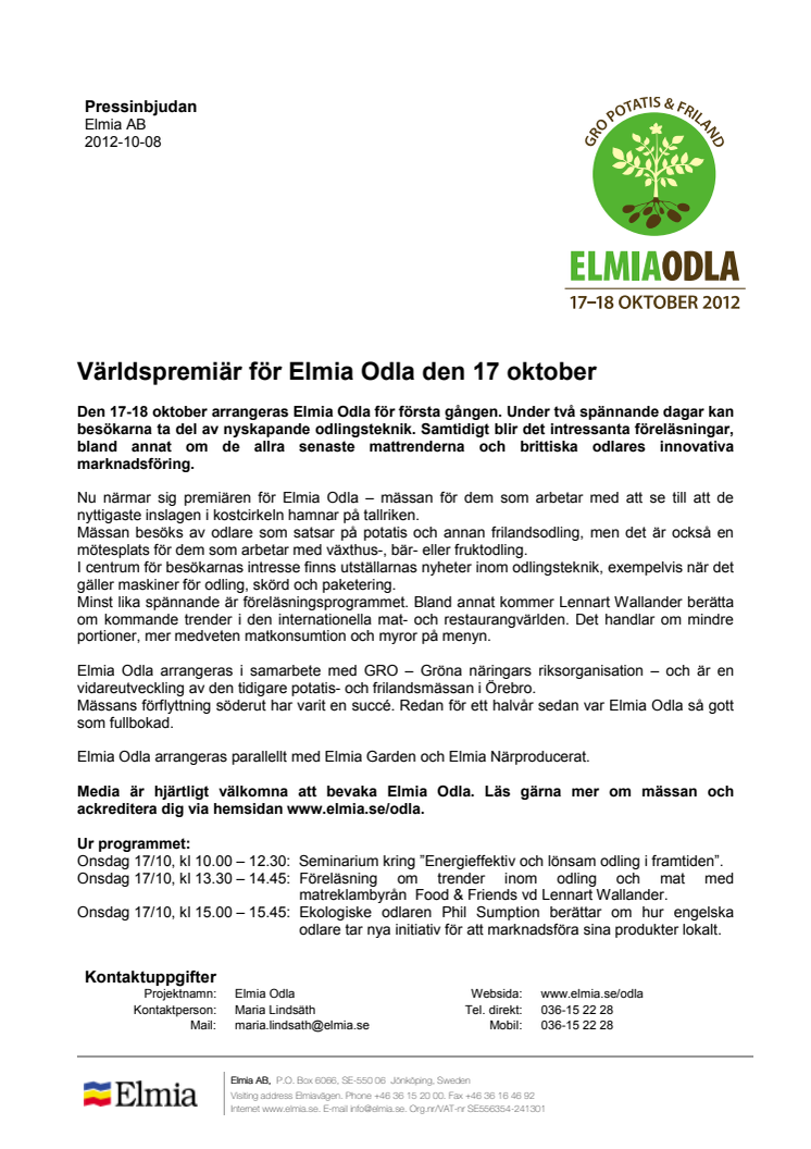 Världspremiär för Elmia Odla den 17 oktober