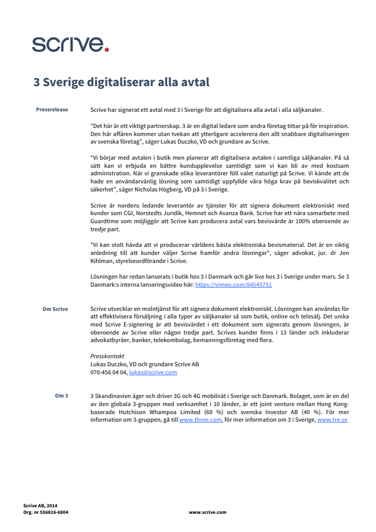 3 Sverige digitaliserar alla avtal tillsammans med Scrive