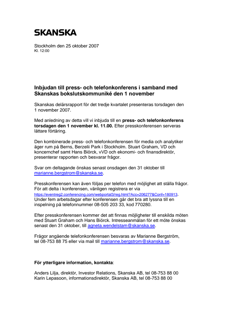 Inbjudan till press- och telefonkonferens i samband med Skanskas bokslutskommuniké den 1 november