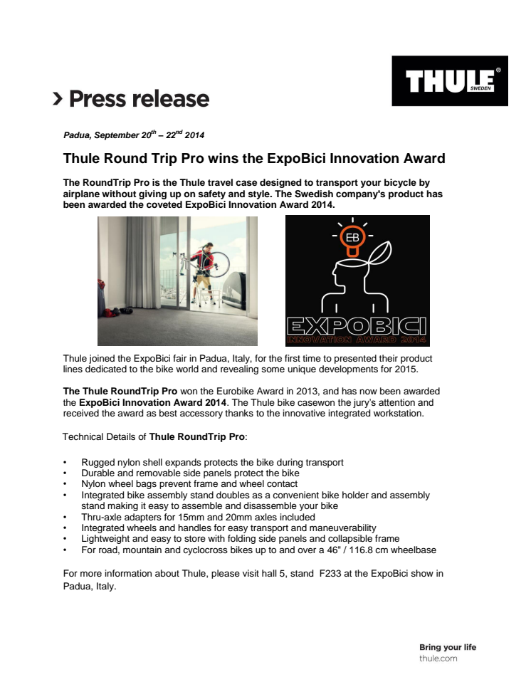 Thule Round Trip Pro wins the ExpoBici Innovation Award