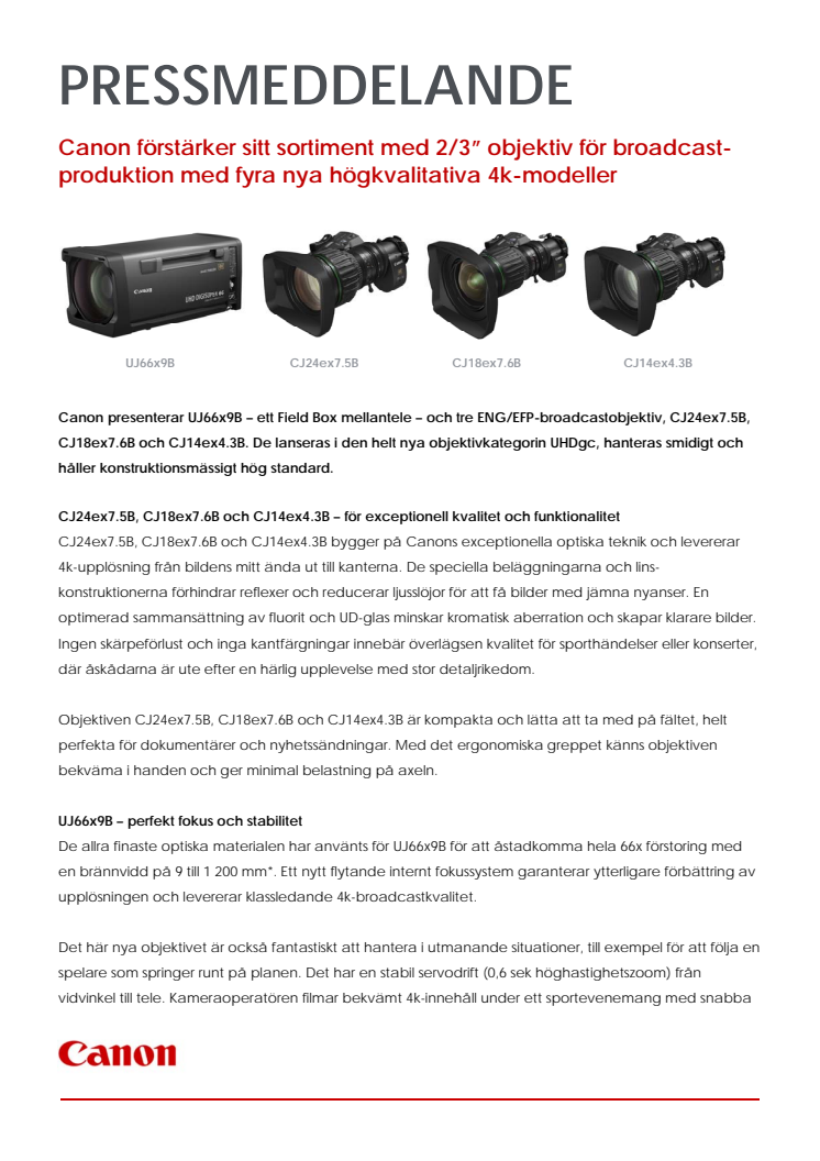 Canon förstärker sitt sortiment med 2/3” objektiv för broadcast-produktion med fyra nya högkvalitativa 4k-modeller